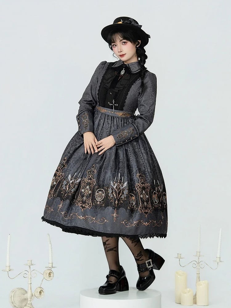 Dress Wings Lolita Collar Long Gothic with Peter Gray Bat Candelabras Sleeves Print Pan