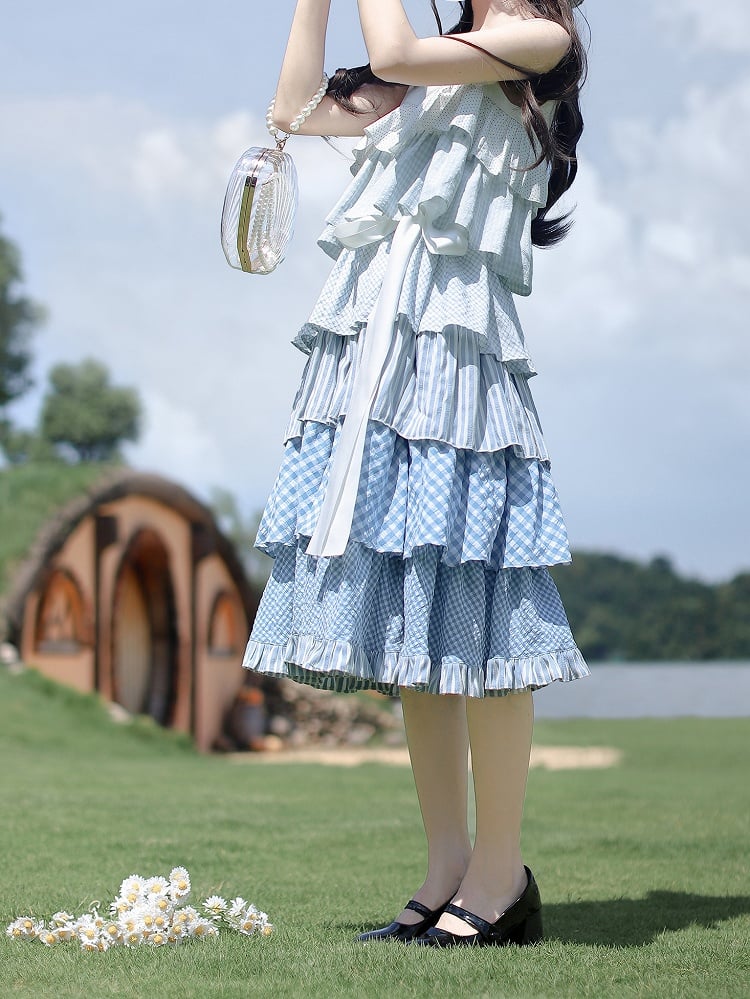 Blue with Patchwork Holiday Waist Sleeveless Dress Tiered Skirt Belt