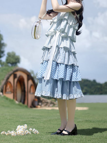 Blue with Patchwork Holiday Waist Sleeveless Dress Tiered Skirt Belt