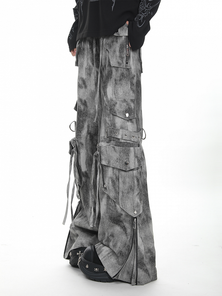 Grau/Grün verblasste Vintage Dark Wash Wide-Leg-Cargojeans mit Reißverschlussbündchen