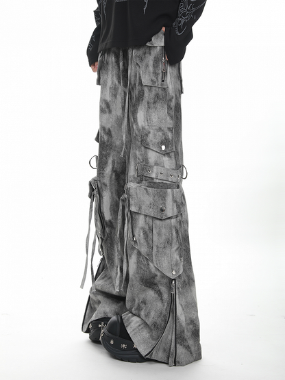 Grau/Grün verblasste Vintage Dark Wash Wide-Leg-Cargojeans mit Reißverschlussbündchen