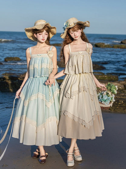 Beige Lace Top & Skirt Set with Brooch & Hat - With PUJI