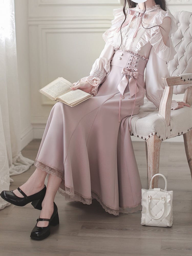 Light Pink Skirt Detail Mermaid Lace Lace-Up Trim and with High-Waisted