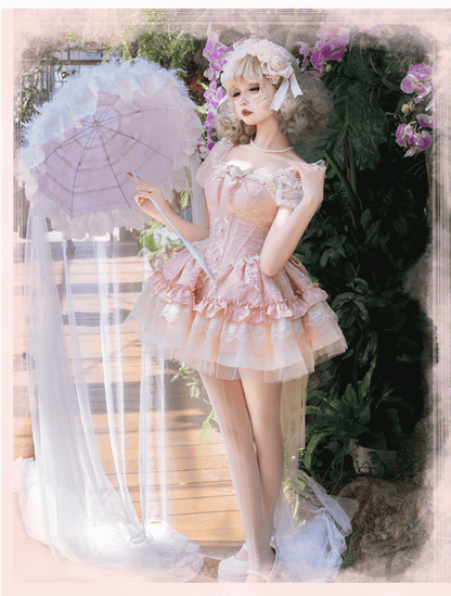 mit JSK Big Bow Fabric Hime Lolita Balletcore Pink Puffy Dress mit baskischer Taille und Jacquard-Schleppe