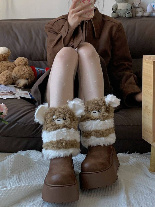Teddy Bear Plush Leg Warmers - 3 Color Styles (Brown/White, White/Gray, Gray/White) | Lolita & J-Fashion