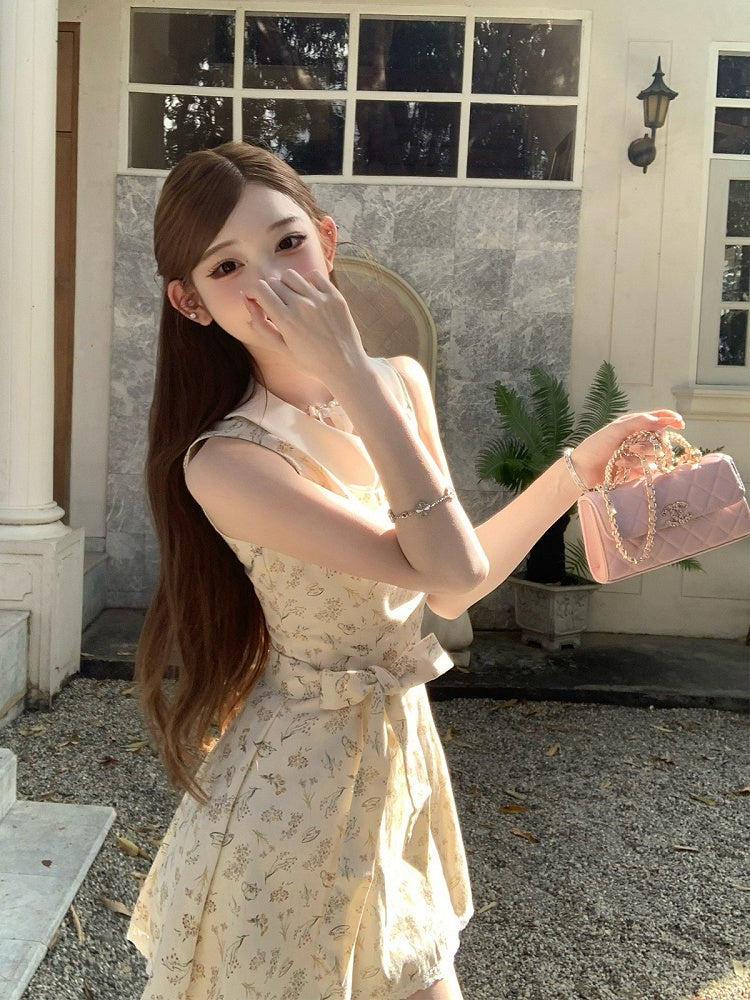 Apricot Floral Dress with Lace Trim - Qchiwawameme