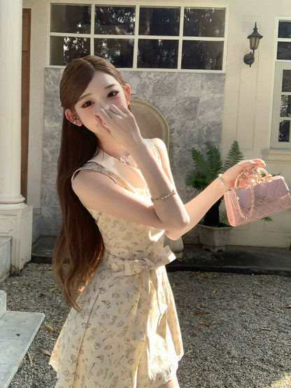 Apricot Floral Dress with Lace Trim - Qchiwawameme