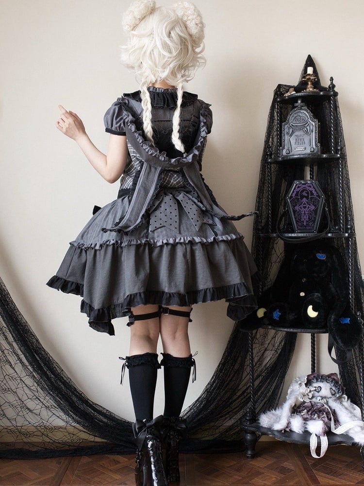 Abnehmbares Mieder, graue, dunkle Overall-Kapuze, kariertes Lolita-Ohren-Häschenkleid mit Muster