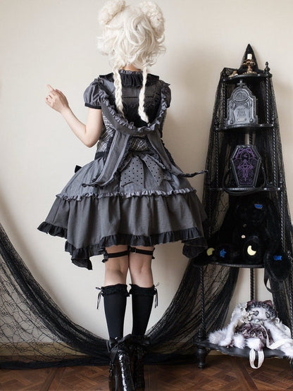 Abnehmbares Mieder, graue, dunkle Overall-Kapuze, kariertes Lolita-Ohren-Häschenkleid mit Muster