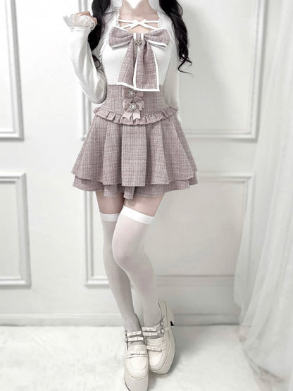 Kei Black/White with and Neckline Tweed Jirai Bow Criss-Cross Top Knit Big