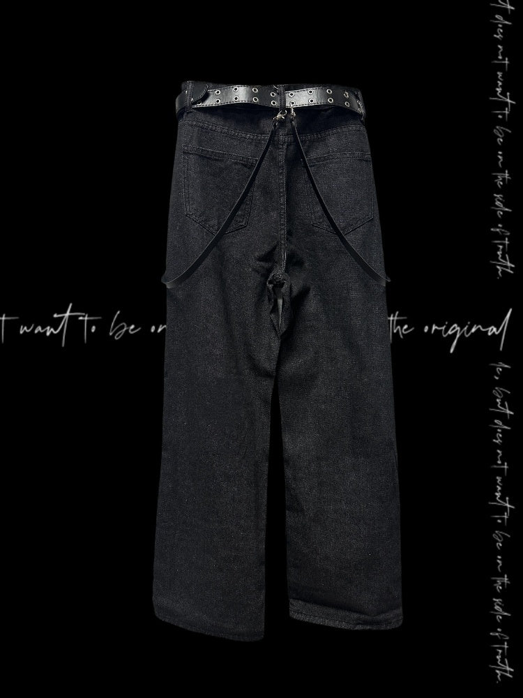 Y2K Black Cross Appliques Jeans Glamorous Criss-cross Straps Distressed Holes