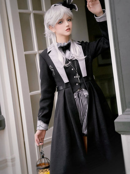 Schwarzer Gothic Ouji Lolita Wollmantel mit Baumwollfutter