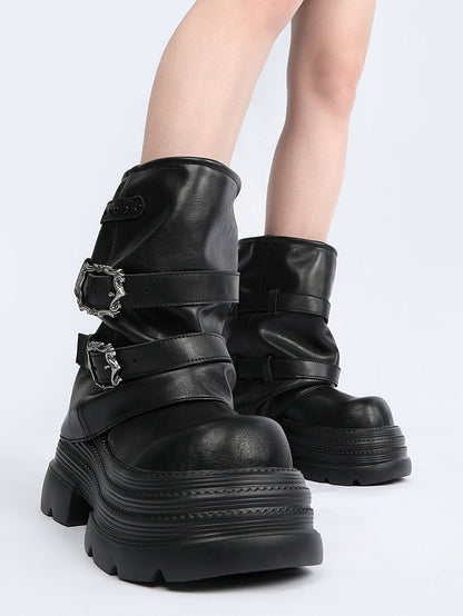 Black and Buckle with Boots Details Punk Studded Platform Stacked Accents
