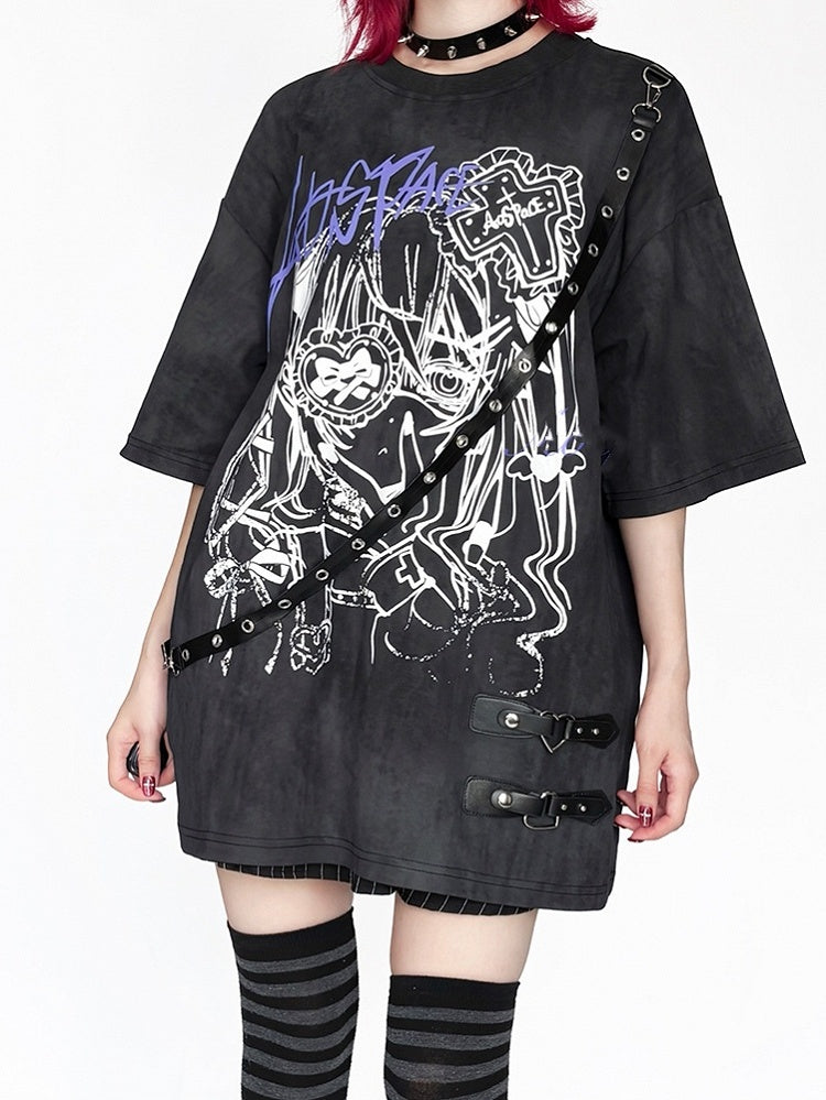 Anime Tie Strap Detachable Dye Decor Black/White T-Shirt with Print Girl Leather