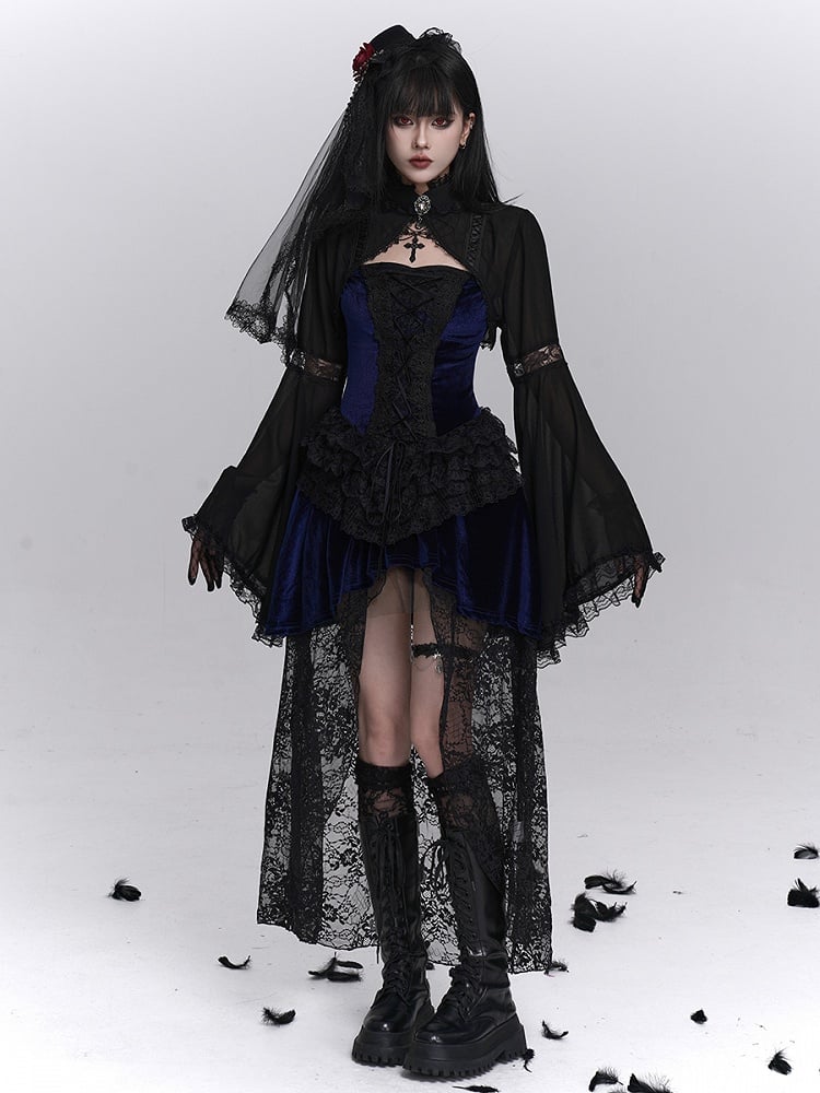 Blue Lace Lace-Up with Overlay Dress Floral Gothic Black Front Halloween