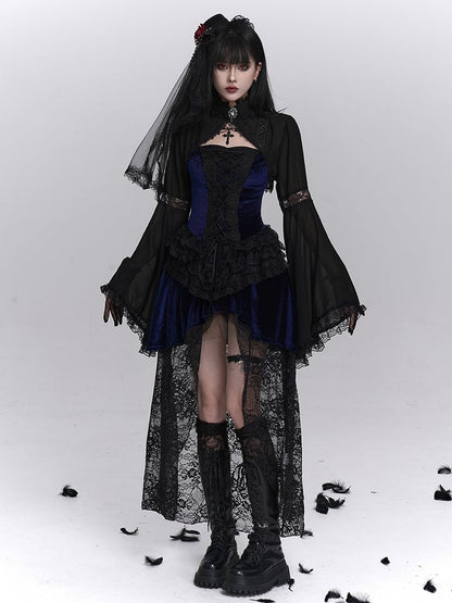 Blue Lace Lace-Up with Overlay Dress Floral Gothic Black Front Halloween