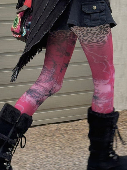 Strumpfhose mit Spitzenbesatz und Leopardenmuster in Rot