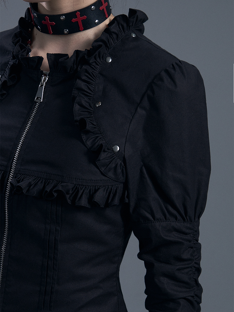 Schwarzes Gothic-Vintage-Top mit Spitzenbesatz und Reißverschluss