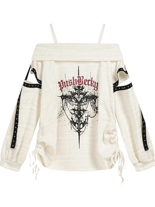 Y2K ブラック/ホワイト クロスプリント カットアウトディテール オフショルダー ネックライン パンクトップ