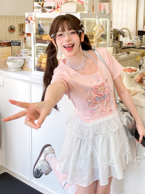 Pink/White Girl Print Lace Trim T-Shirt Cute Round Neck