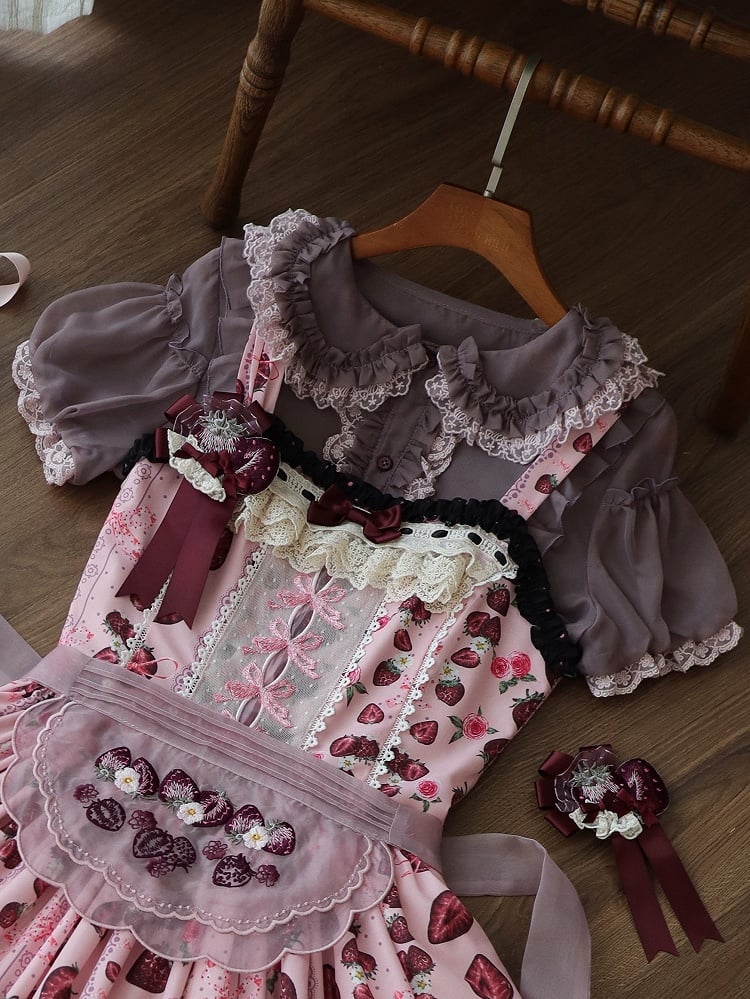 Gray/Pink Sweet Short Puff Sleeve Lolita Blouse