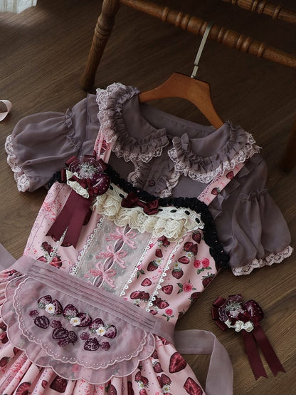 Gray/Pink Sweet Short Puff Sleeve Lolita Blouse
