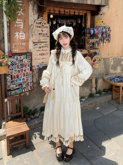 Beige Tassel Hem Dress Long/Regular Version