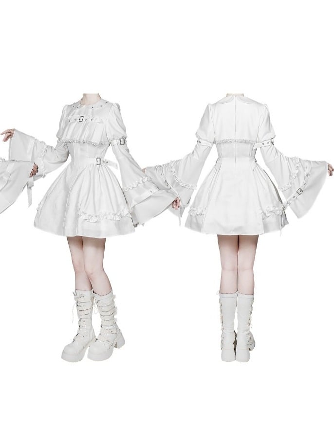 White Gothic Lolita Bell Sleeve Dress with Lace and Metal Buckle Accents - Kuroya
