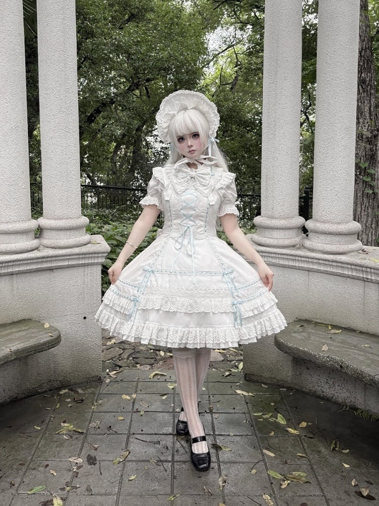 Blue-White Kawaii Cotton JSK Gown with Ribbon and Ruffle Embellishments