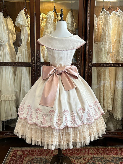 the Pink Lolita Embroidery Beige Classic with Elegant Valley of Lily Dress