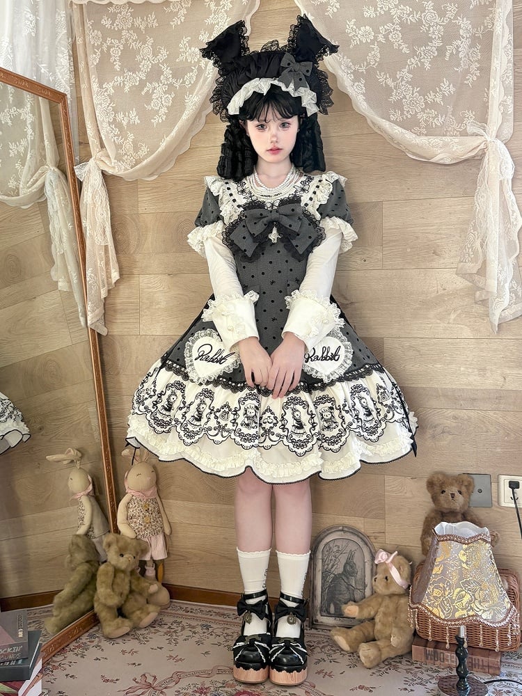 Sweet Rabbit Gray Polka Dot Pattern Sweetheart Lolita Detachable Dress Bonnet + with Sleeves Set Appliques