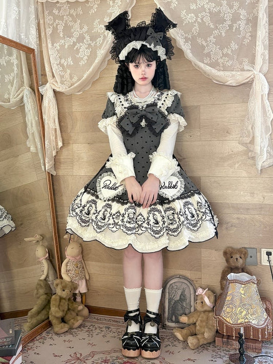 Sweet Rabbit Gray Polka Dot Pattern Sweetheart Lolita Detachable Dress Bonnet + with Sleeves Set Appliques