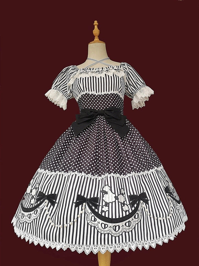 Black Stripes Sleeves White Short Patch Dots Poodle Dress Lolita and Bow Polka