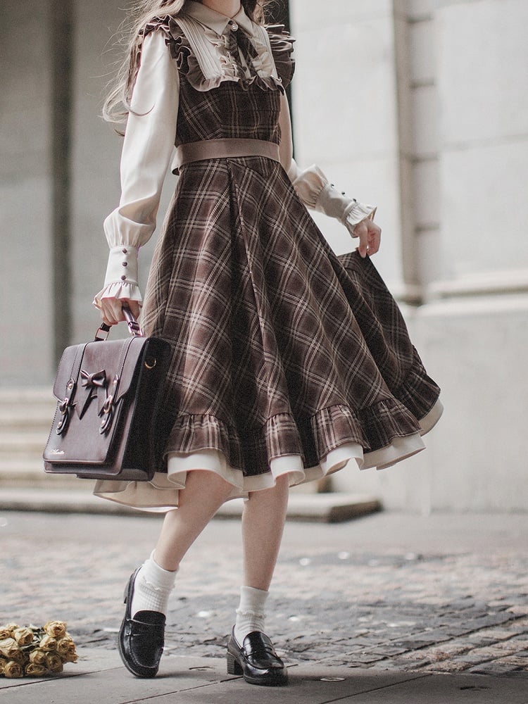 Brown Fake Long Belt Sleeves Dress with Two-pieces Plaid Waist