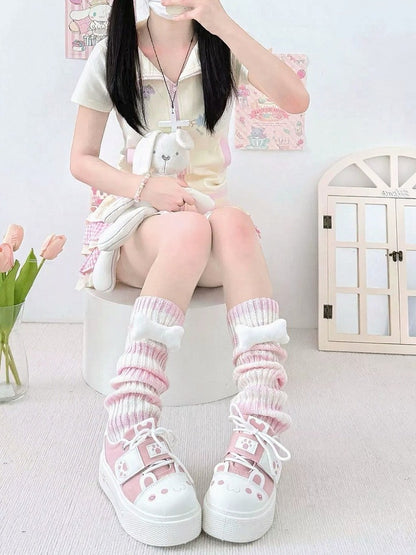 5 - Knit Pastel Stripe Bone with Decor Warmers Leg Colors