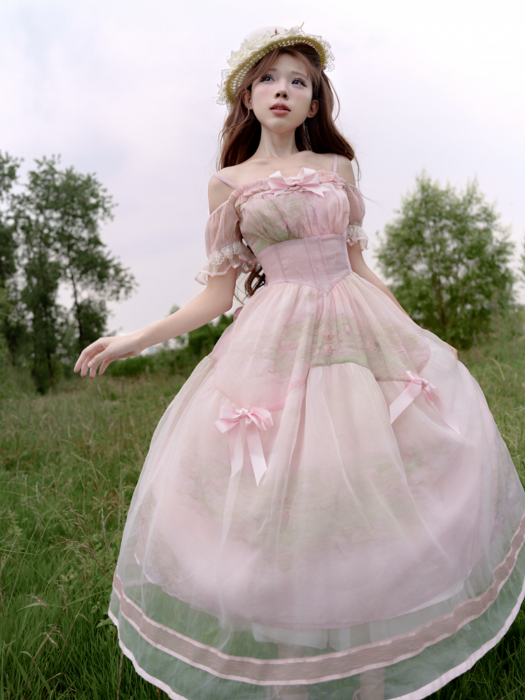 Painting Dress with Organza Overlay Oil Pink Water Lily Print Basque Waist Light