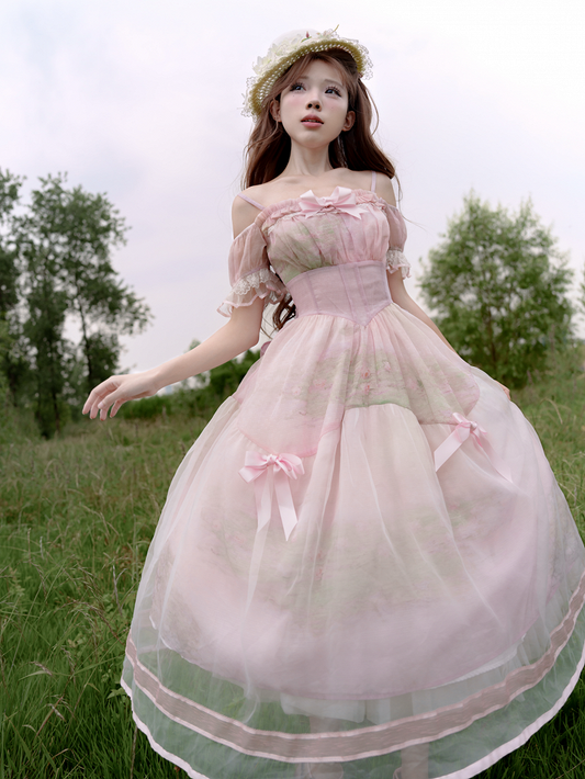 Malkleid mit Organza-Overlay Ölrosa Seerosendruck Basken-Taille Leicht