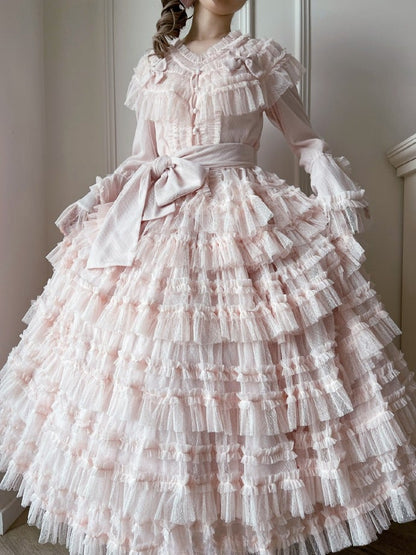 Multi-layered Set Blouse + Belt - Mesh Elegant Bell Sleeves Waist Skirt Lolita Cotton Vest Pink Classic Tulle Dotted