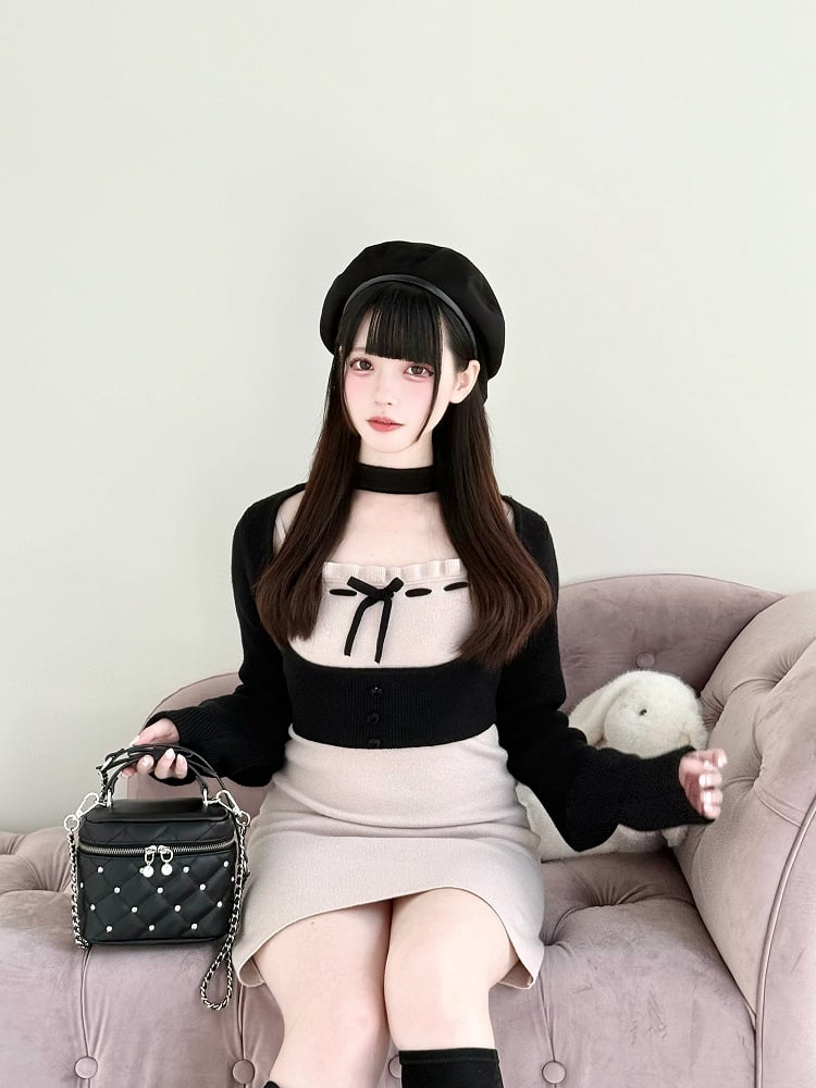 Slip Two-Piece with Dress Set: Black Kei Top Jirai Elegant Open-Bust Pink