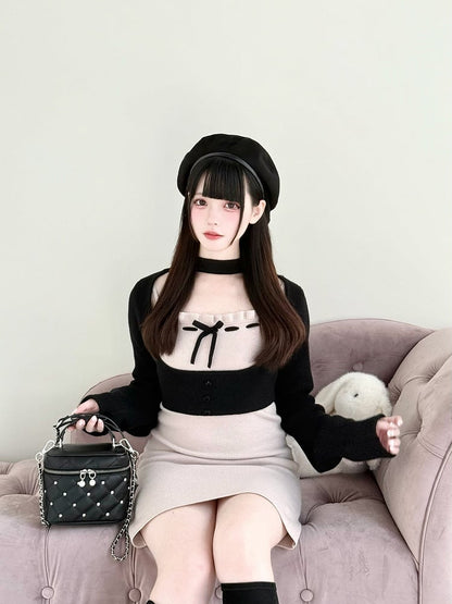 Slip Two-Piece with Dress Set: Black Kei Top Jirai Elegant Open-Bust Pink