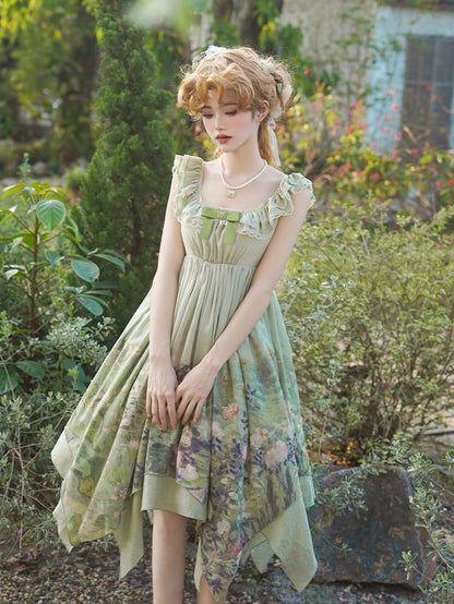 Saum JSK Set Malerei Taille Druck Taschentuch Lolita Rosen Grün Reich Öl