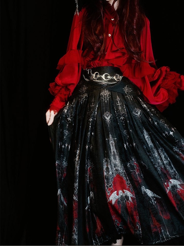 Black Pleat Red Angel Castle and Hem Box Gothic Print Skirt with Ruffled