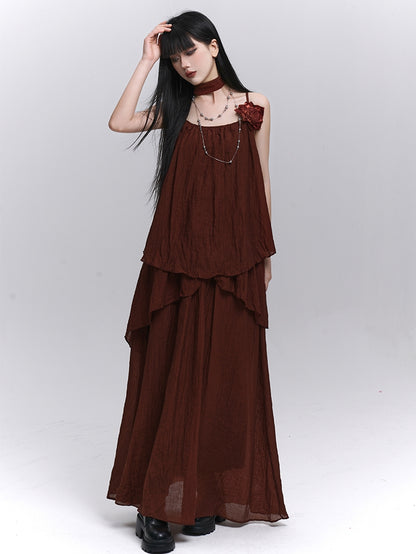 スカーフ装飾ワインレッドフローラル/キャミソールトップ