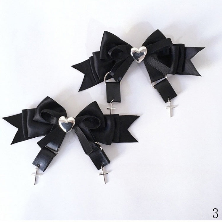 Rhinestone Pink Kei Cross Heart-Shaped and Charms Bow Hairclips Black/Black Jirai with