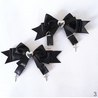 Rhinestone Pink Kei Cross Heart-Shaped and Charms Bow Hairclips Black/Black Jirai with