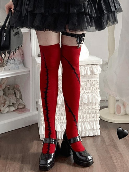 Rote Lolita Gothic Schwarze Strümpfe mit Brombeermuster Overknee