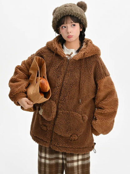 Brauner Fleece-Kapuzenpullover mit süßem Welpen-Taschendesign