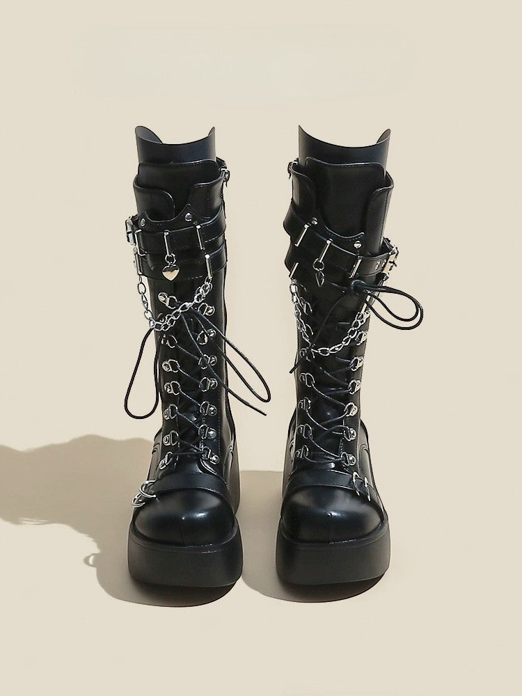 Studded with Boots Back Zip Gothic Mid-Calf Black Platform Buckle Strap Closure Sole -