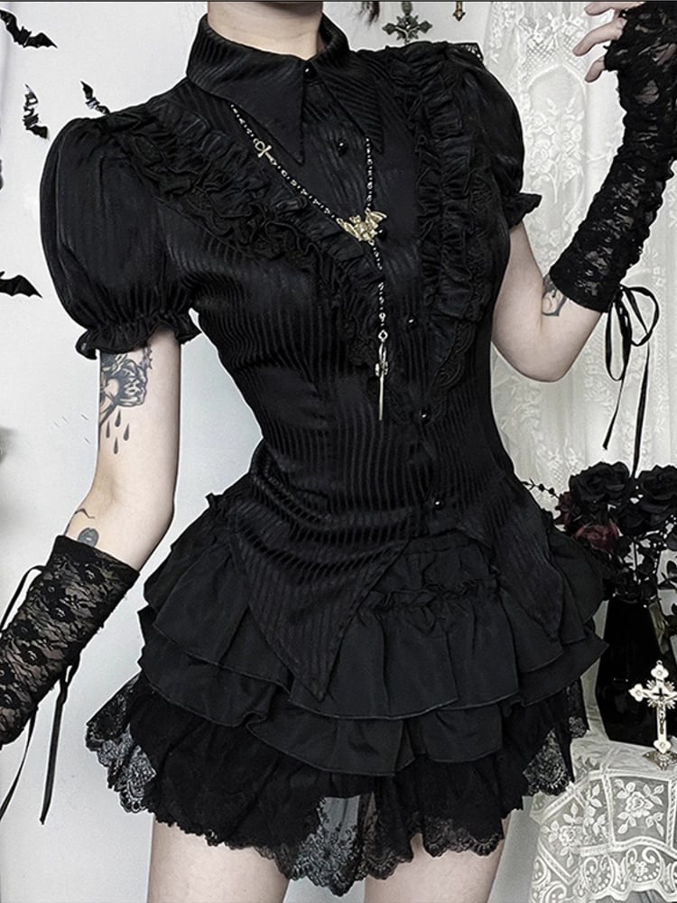 Waist Skirt Gothic Trim Puff Tiered Halloween Built-in Elastic Shorts Lace with Black