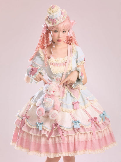 Sweet Blue Details Neckline Lolita Pink Dress Sleeves Square and Bowknot Puff